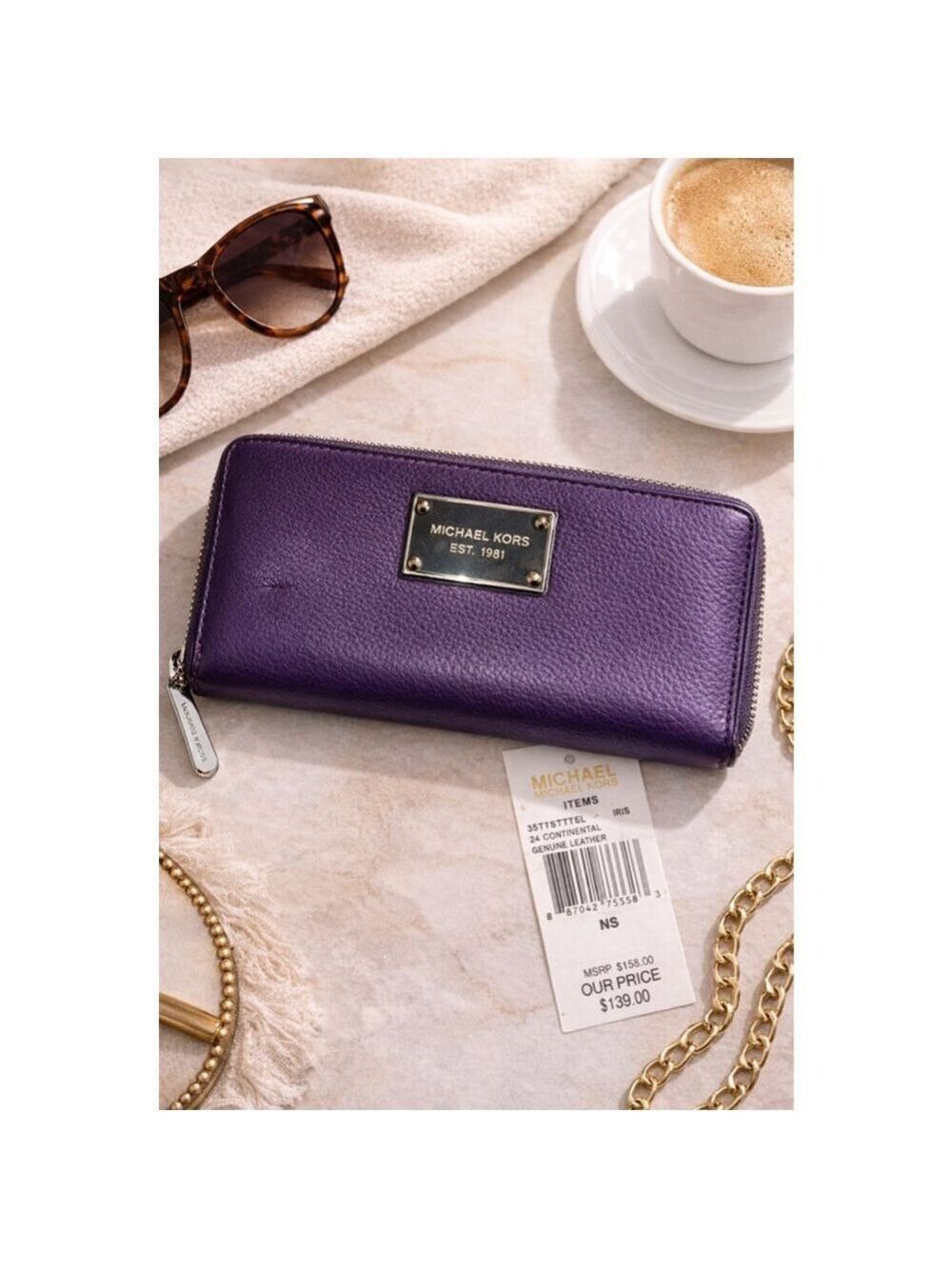 Michael Kors Iris Purple Continental Zip Wallet Leather EUC Silver Logo